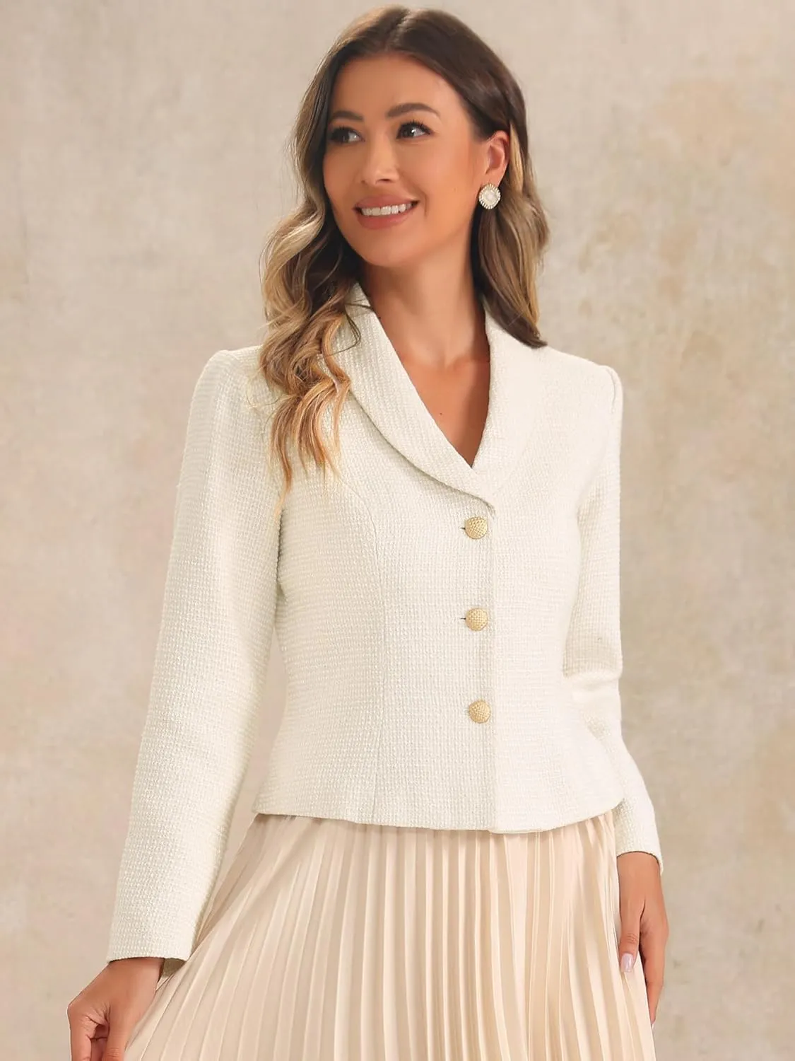 Allegra K Tweed Blazers for Women's Lapel Collar Long Sleeves Blazer Jackets