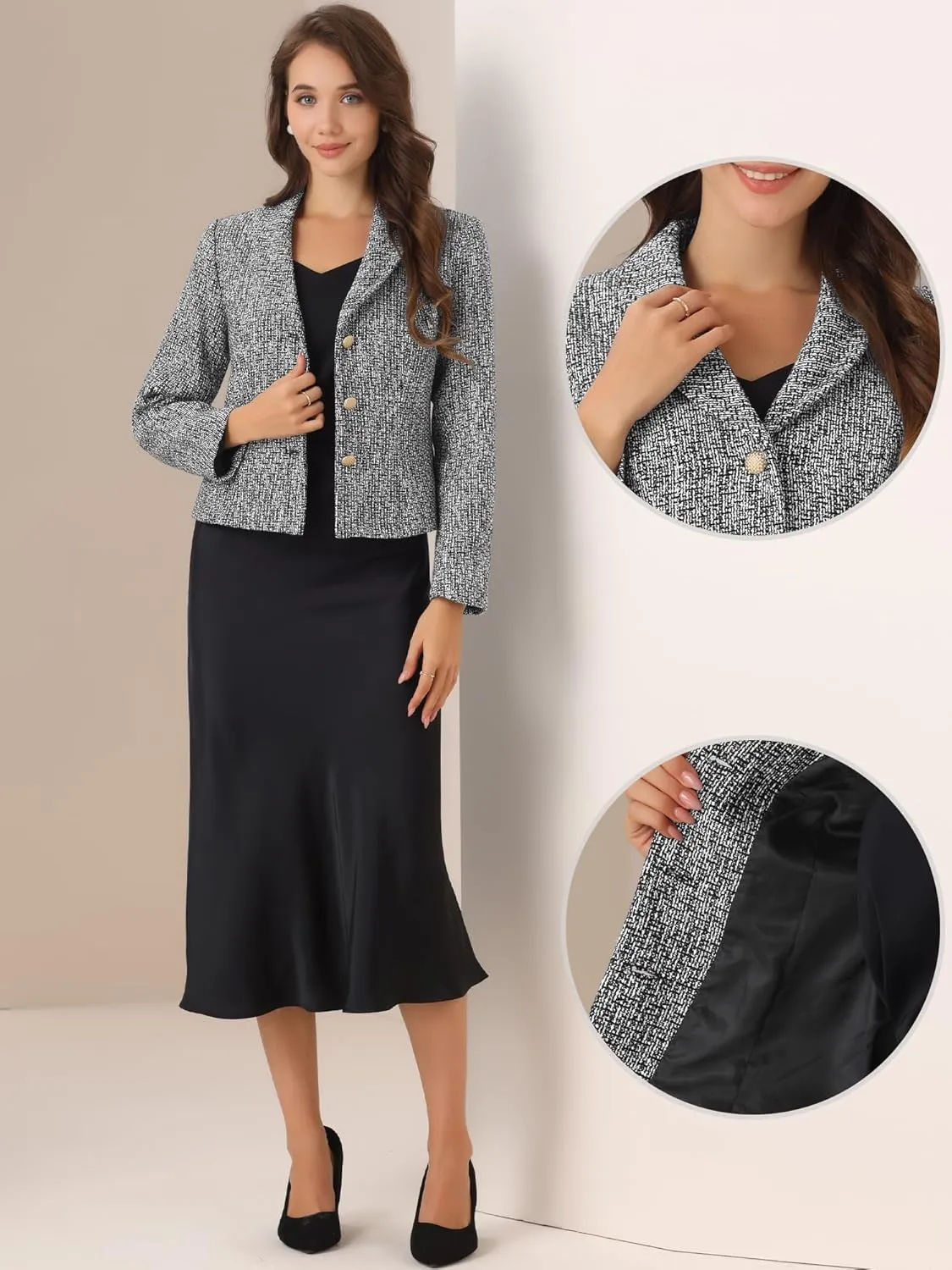 Allegra K Tweed Blazers for Women's Lapel Collar Long Sleeves Blazer Jackets