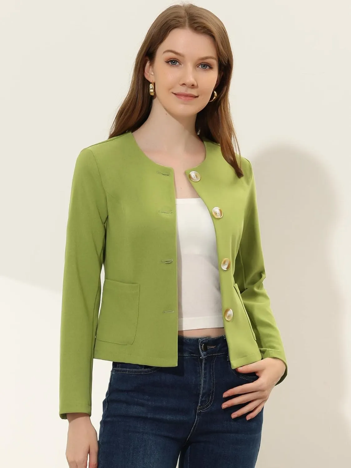 Allegra K Women's Blazers Casual Jackets Long Sleeve Button Down Cropped Blazer Work Office Business Jacket