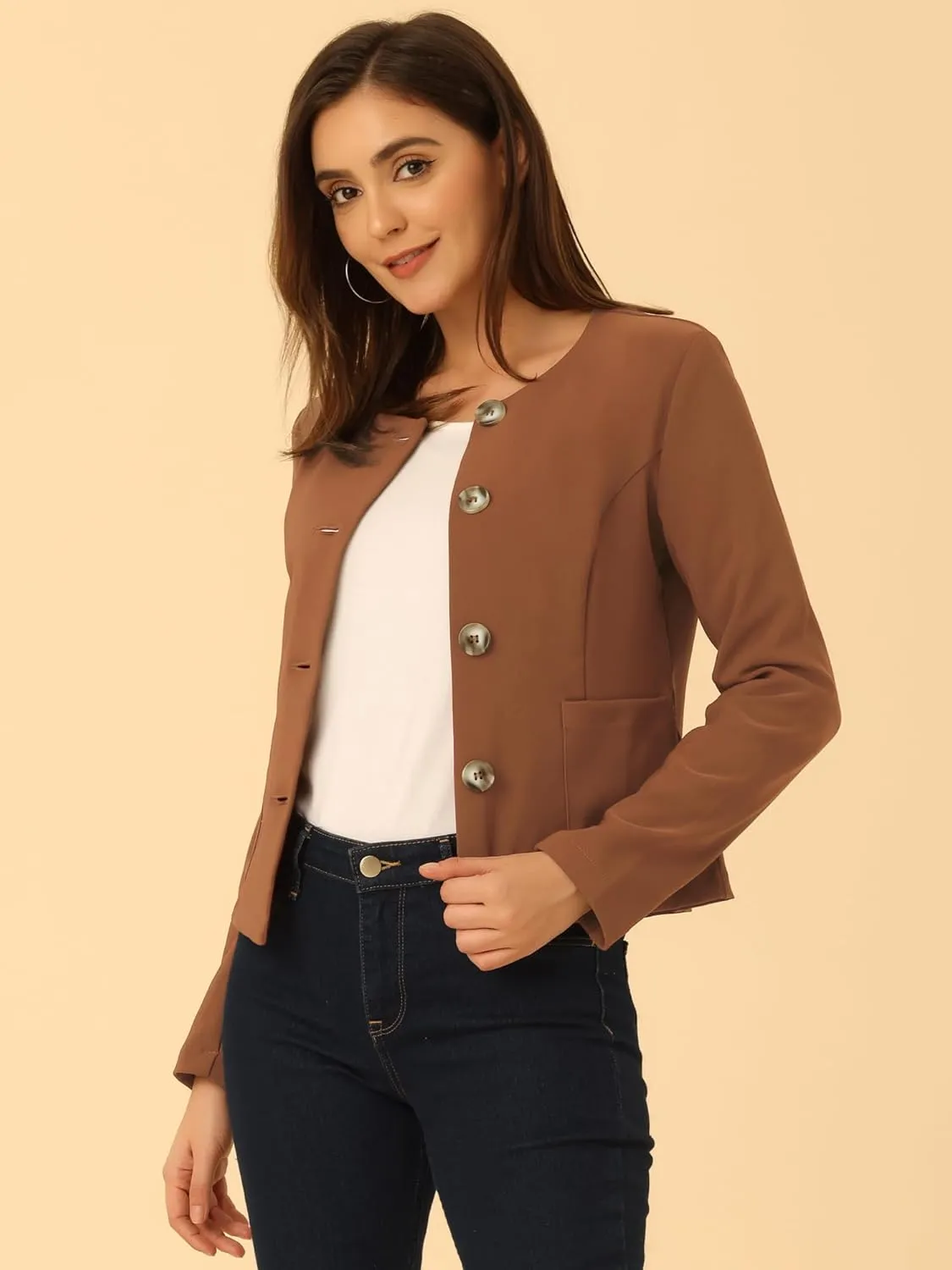 Allegra K Women's Blazers Casual Jackets Long Sleeve Button Down Cropped Blazer Work Office Business Jacket