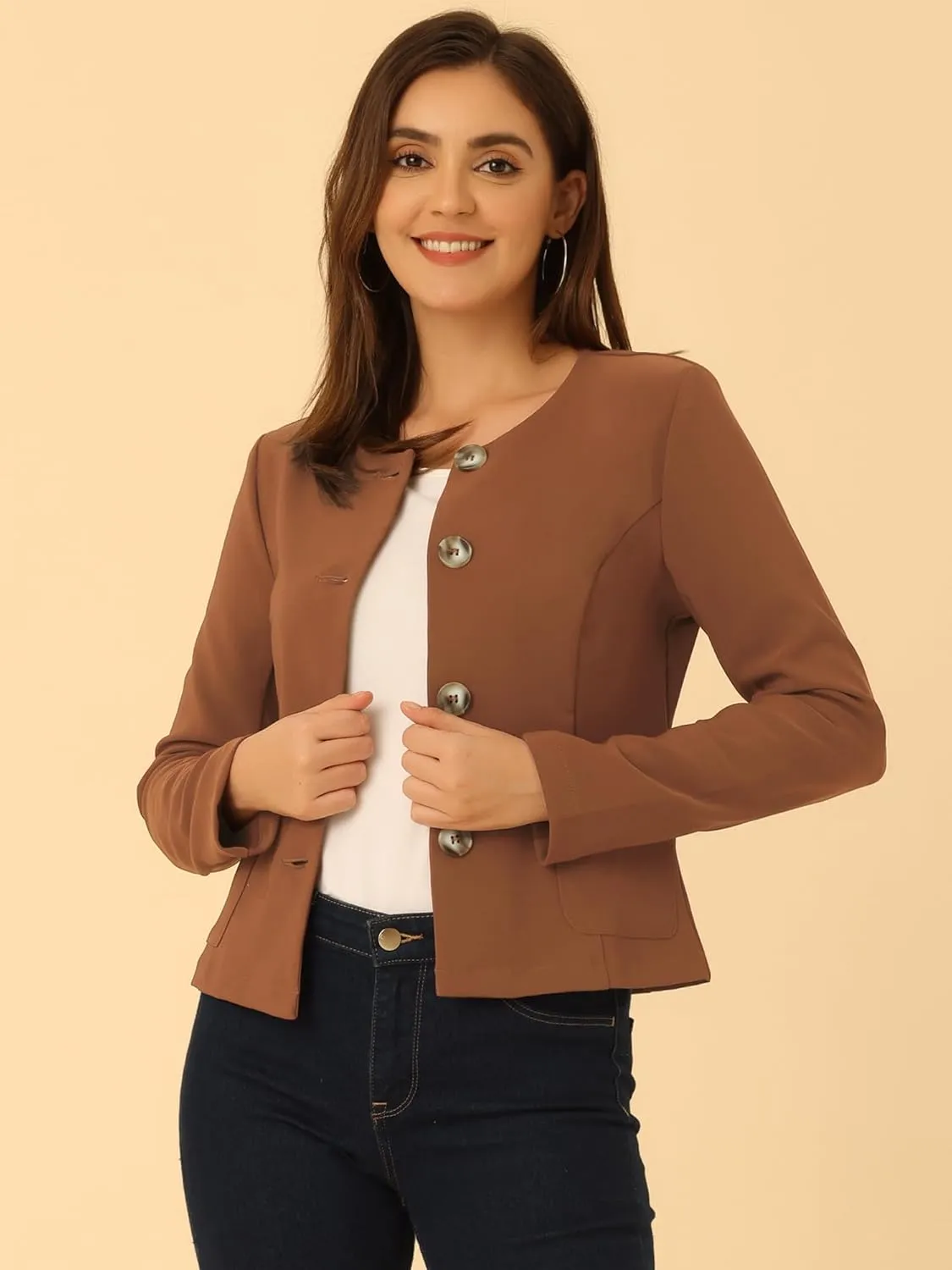 Allegra K Women's Blazers Casual Jackets Long Sleeve Button Down Cropped Blazer Work Office Business Jacket