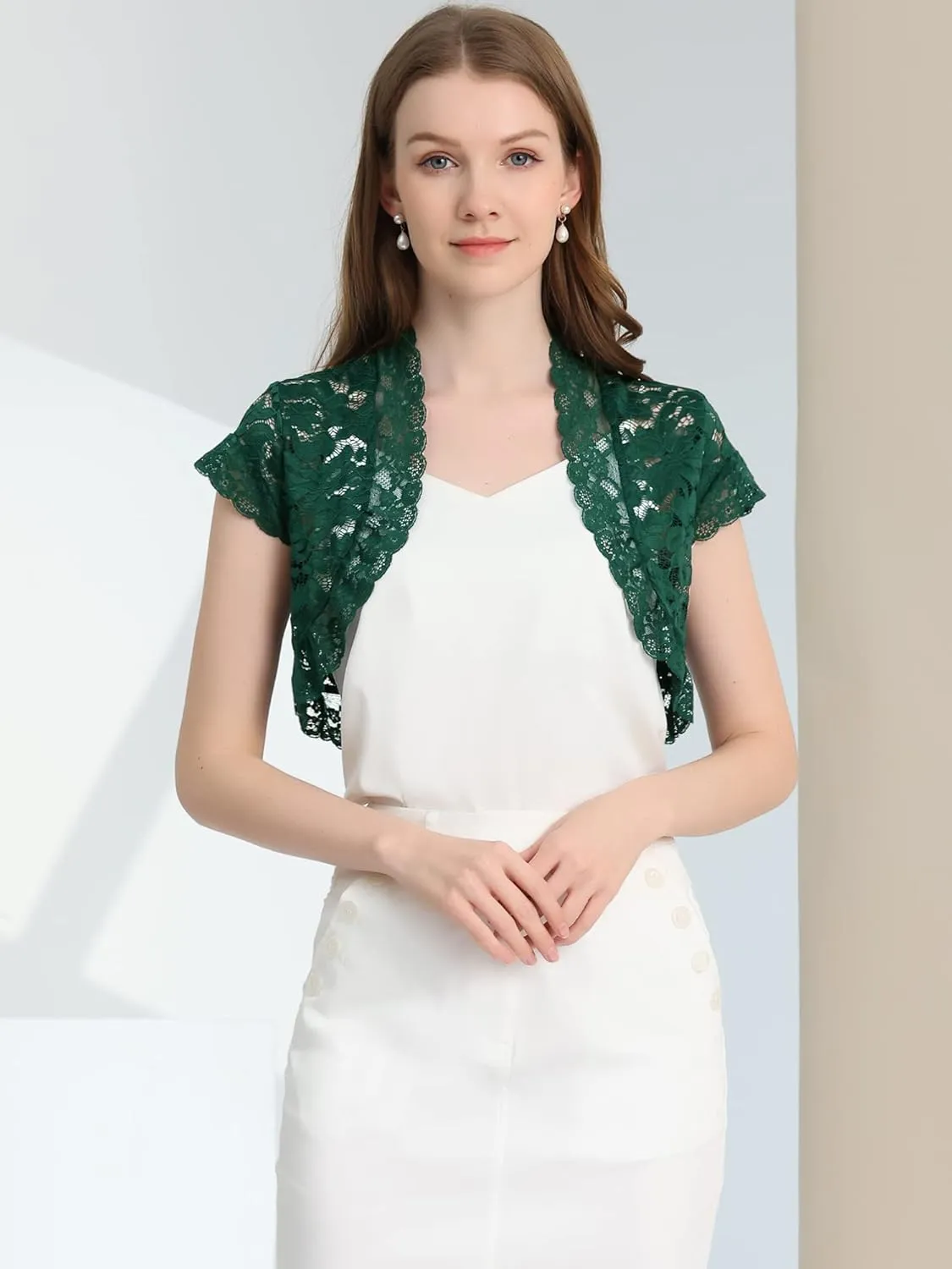 Allegra K Women's Lace Cardigan Open Front Elegant Short Sleeve Sheer Floral Cropped Bolero Lace Shrug Top