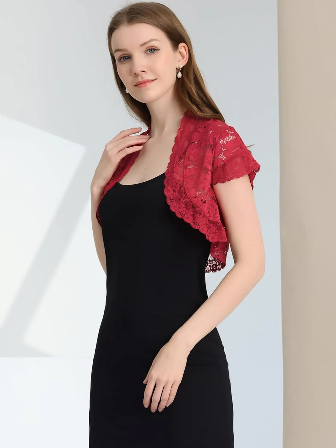 Allegra K Women's Lace Cardigan Open Front Elegant Short Sleeve Sheer Floral Cropped Bolero Lace Shrug Top