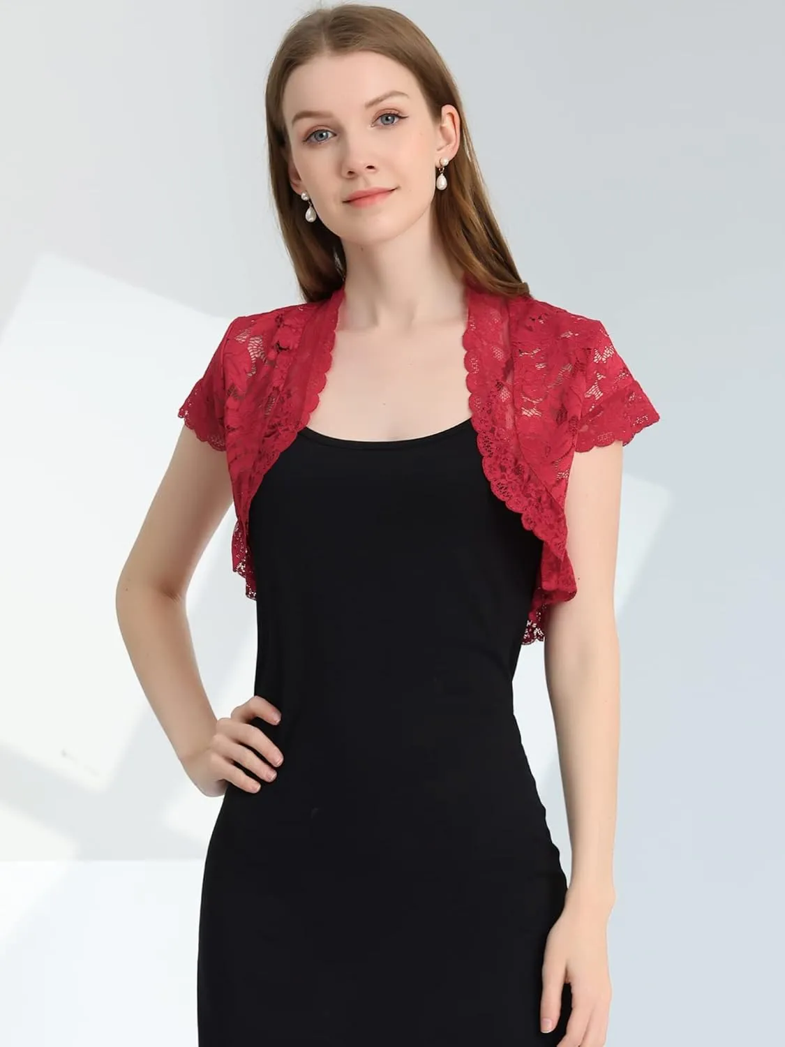 Allegra K Women's Lace Cardigan Open Front Elegant Short Sleeve Sheer Floral Cropped Bolero Lace Shrug Top