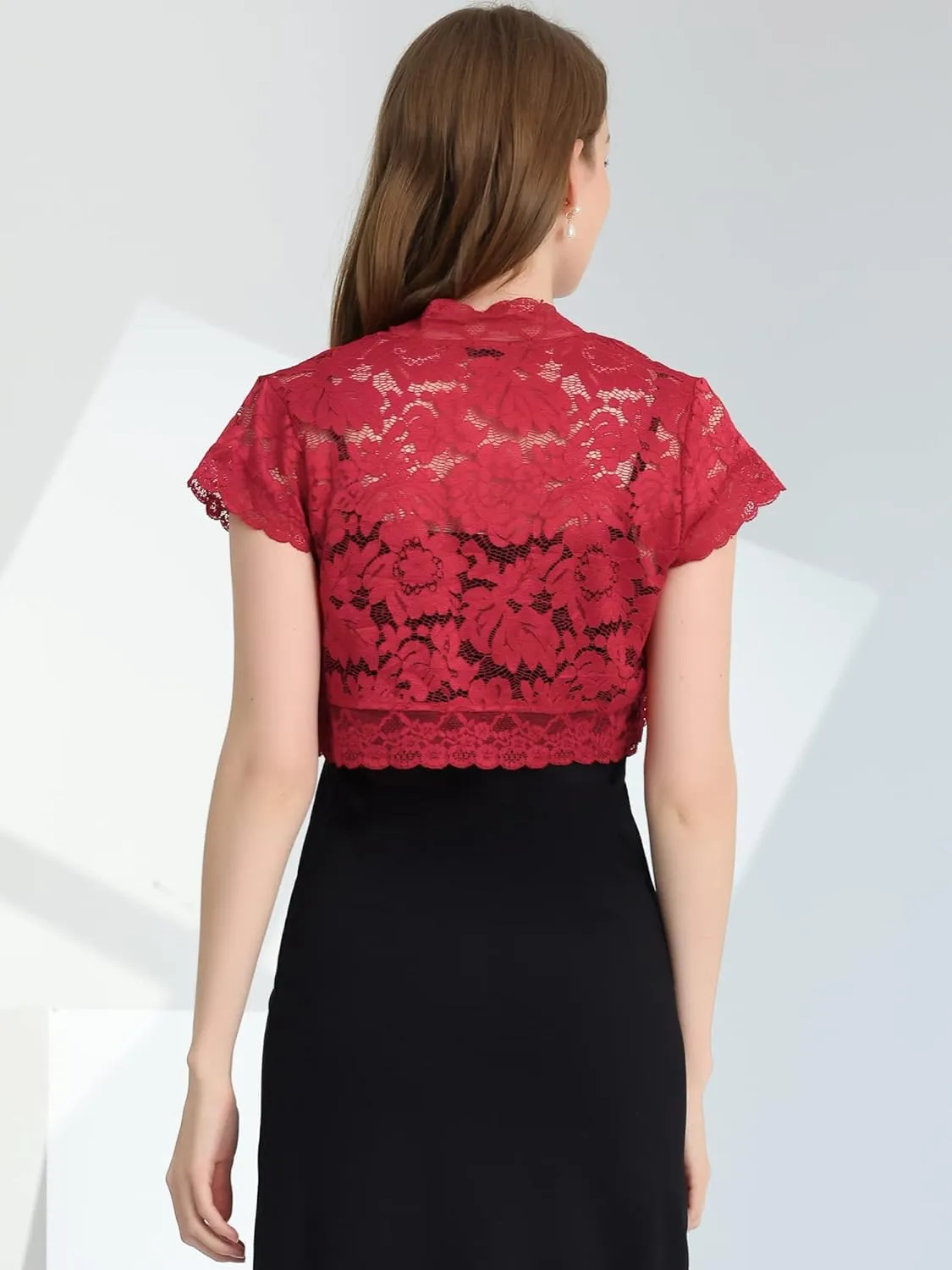 Allegra K Women's Lace Cardigan Open Front Elegant Short Sleeve Sheer Floral Cropped Bolero Lace Shrug Top
