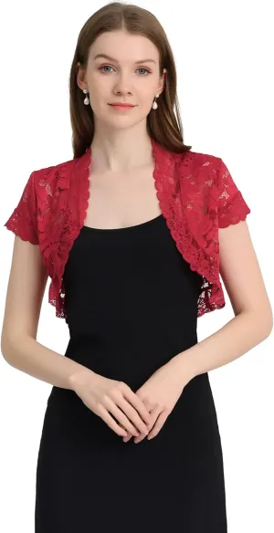 Allegra K Women's Lace Cardigan Open Front Elegant Short Sleeve Sheer Floral Cropped Bolero Lace Shrug Top