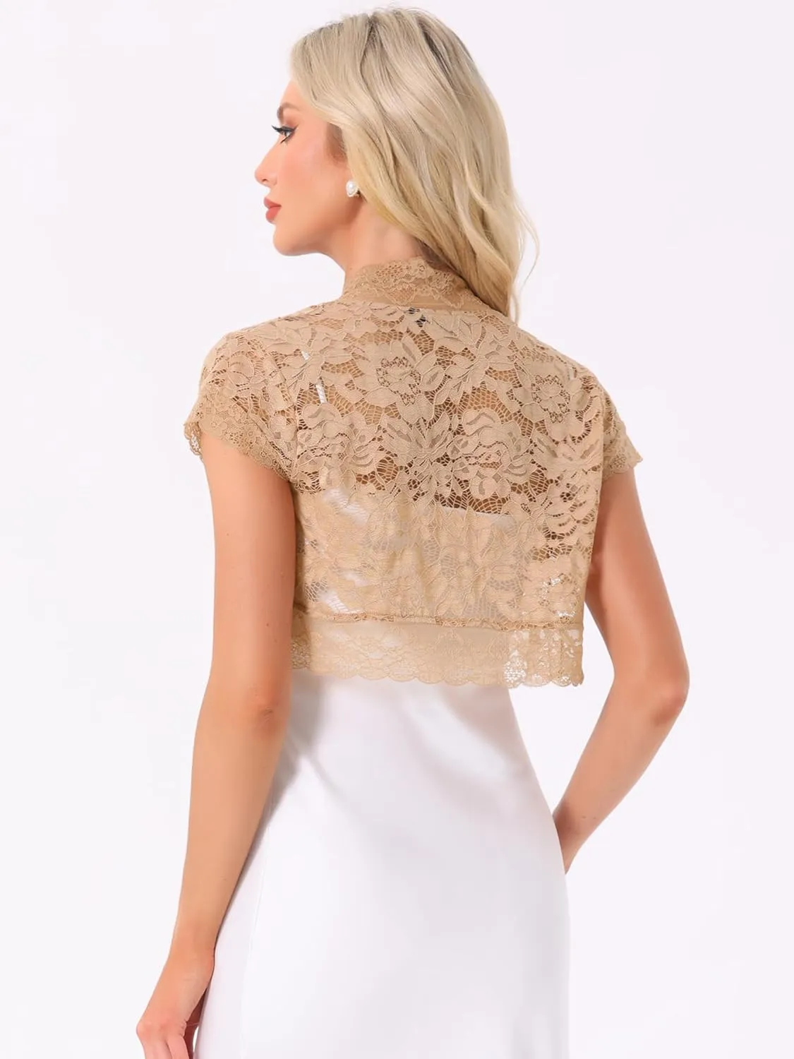 Allegra K Women's Lace Cardigan Open Front Elegant Short Sleeve Sheer Floral Cropped Bolero Lace Shrug Top