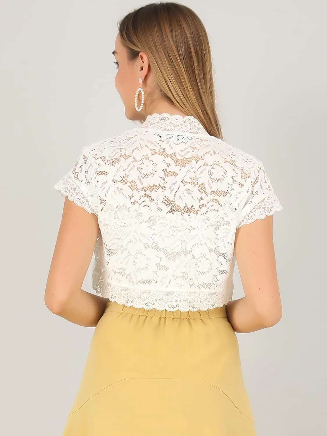 Allegra K Women's Lace Cardigan Open Front Elegant Short Sleeve Sheer Floral Cropped Bolero Lace Shrug Top