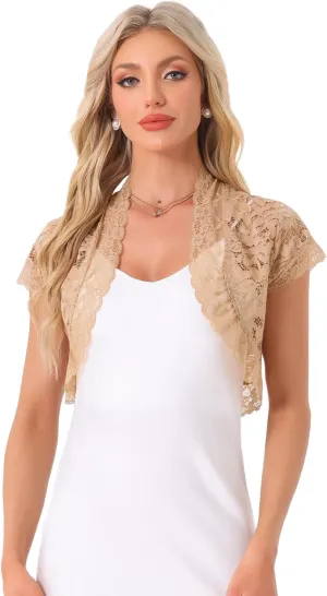 Allegra K Women's Lace Cardigan Open Front Elegant Short Sleeve Sheer Floral Cropped Bolero Lace Shrug Top
