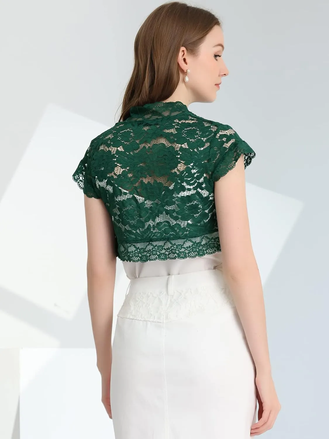Allegra K Women's Lace Cardigan Open Front Elegant Short Sleeve Sheer Floral Cropped Bolero Lace Shrug Top