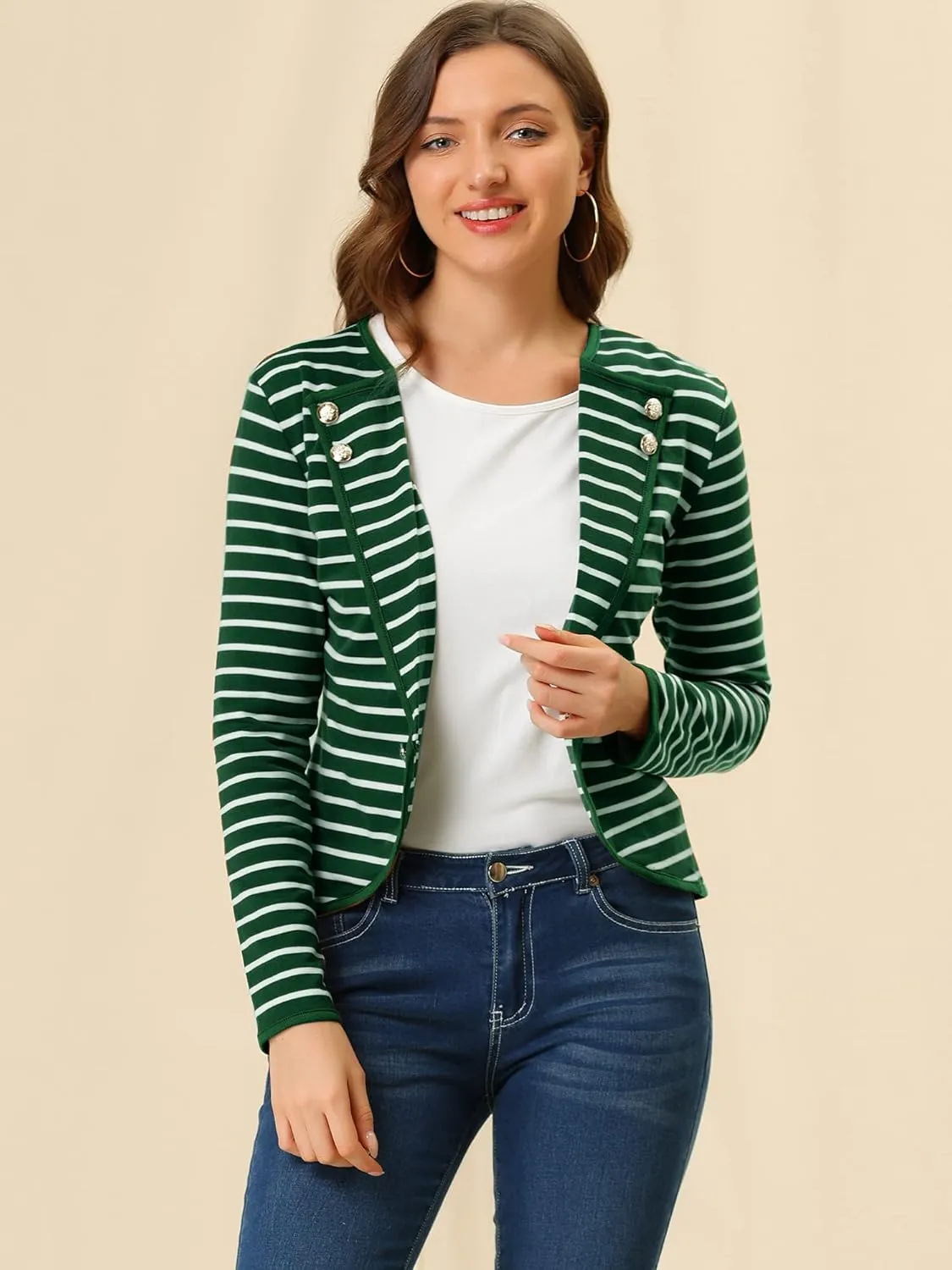 Allegra K Women's Notched Lapel Casual Work Office Striped Blazer