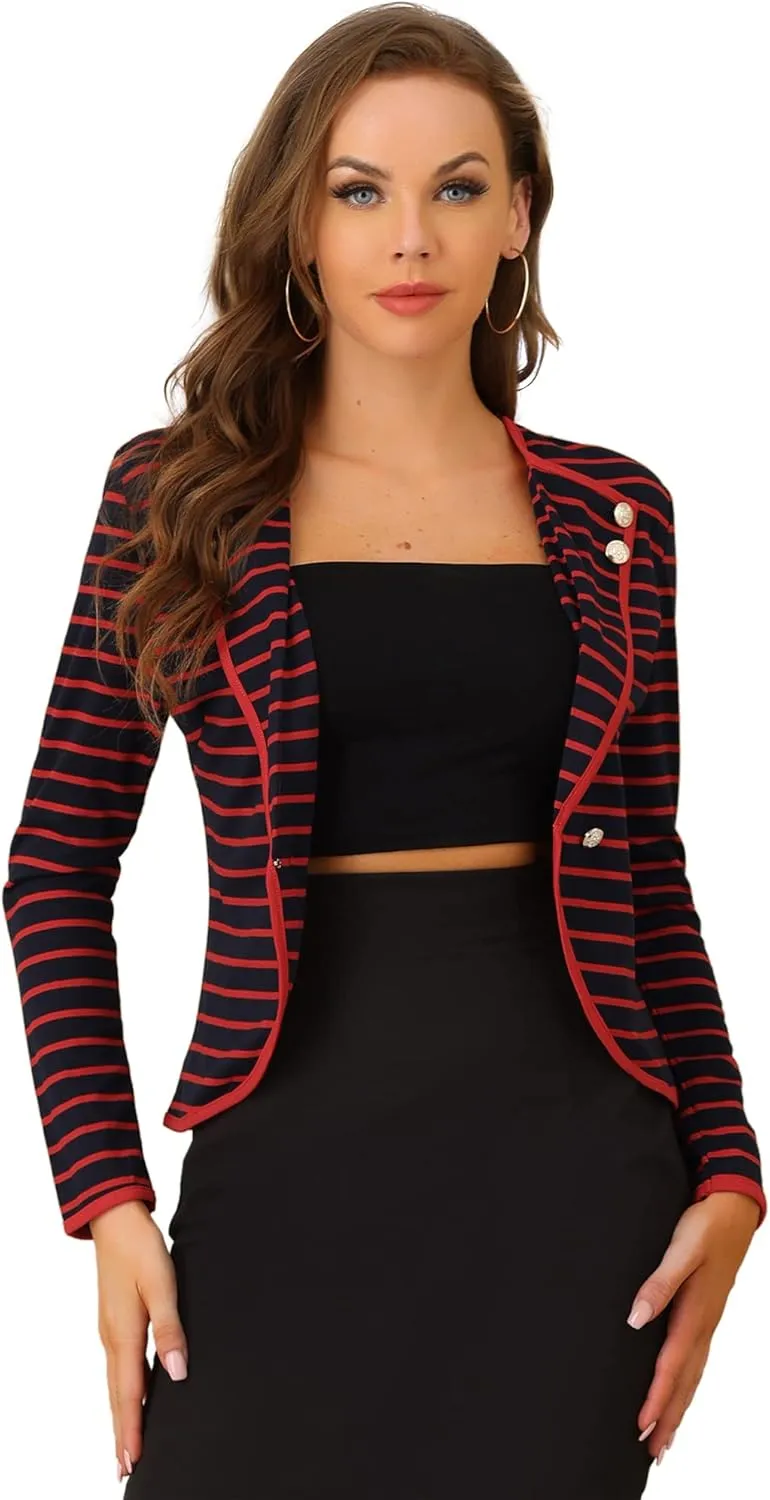 Allegra K Women's Notched Lapel Casual Work Office Striped Blazer