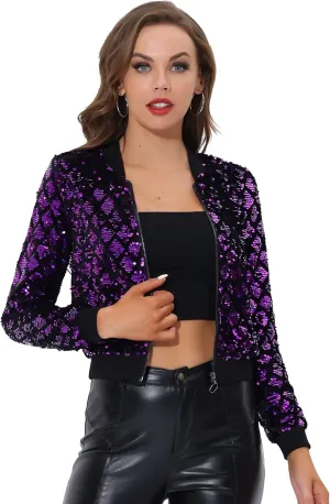 Allegra K Women's Sequin Jacket Long Sleeve Zipper Shiny Glitter Tops Sparkly Shirts Casual Bomber Jackets