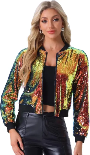 Allegra K Women's Sequin Jacket Long Sleeve Zipper Shiny Glitter Tops Sparkly Shirts Casual Bomber Jackets