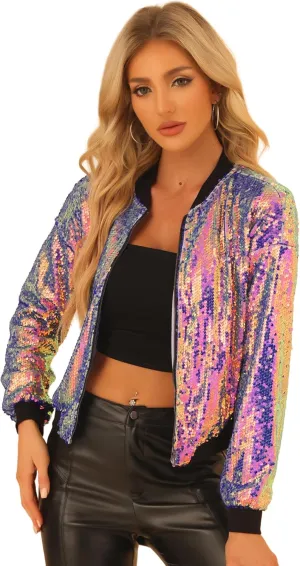 Allegra K Women's Sequin Jacket Long Sleeve Zipper Shiny Glitter Tops Sparkly Shirts Casual Bomber Jackets