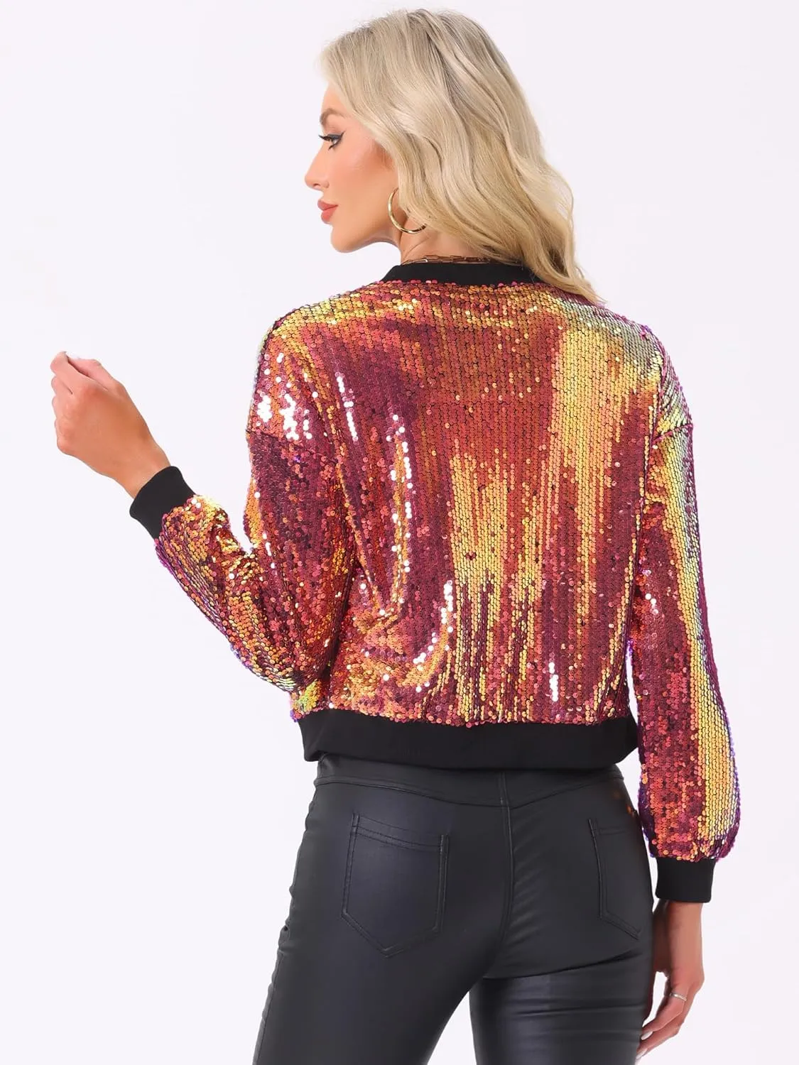 Allegra K Women's Sequin Jacket Long Sleeve Zipper Shiny Glitter Tops Sparkly Shirts Casual Bomber Jackets