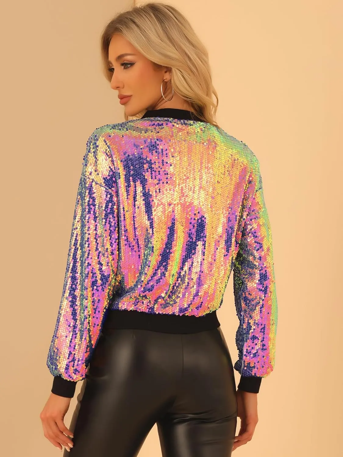 Allegra K Women's Sequin Jacket Long Sleeve Zipper Shiny Glitter Tops Sparkly Shirts Casual Bomber Jackets