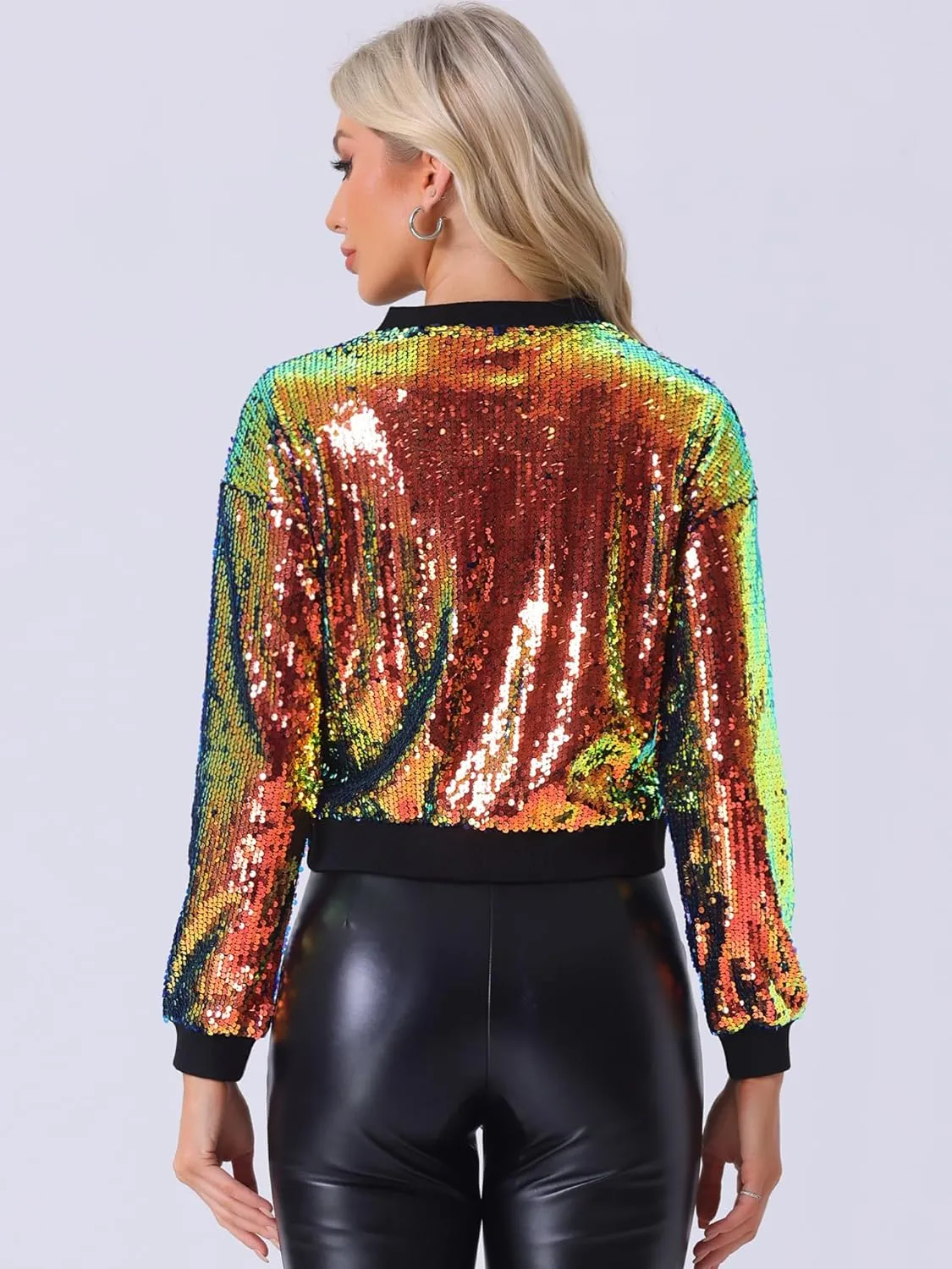 Allegra K Women's Sequin Jacket Long Sleeve Zipper Shiny Glitter Tops Sparkly Shirts Casual Bomber Jackets