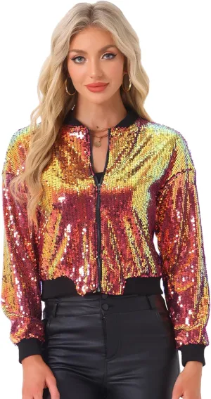 Allegra K Women's Sequin Jacket Long Sleeve Zipper Shiny Glitter Tops Sparkly Shirts Casual Bomber Jackets