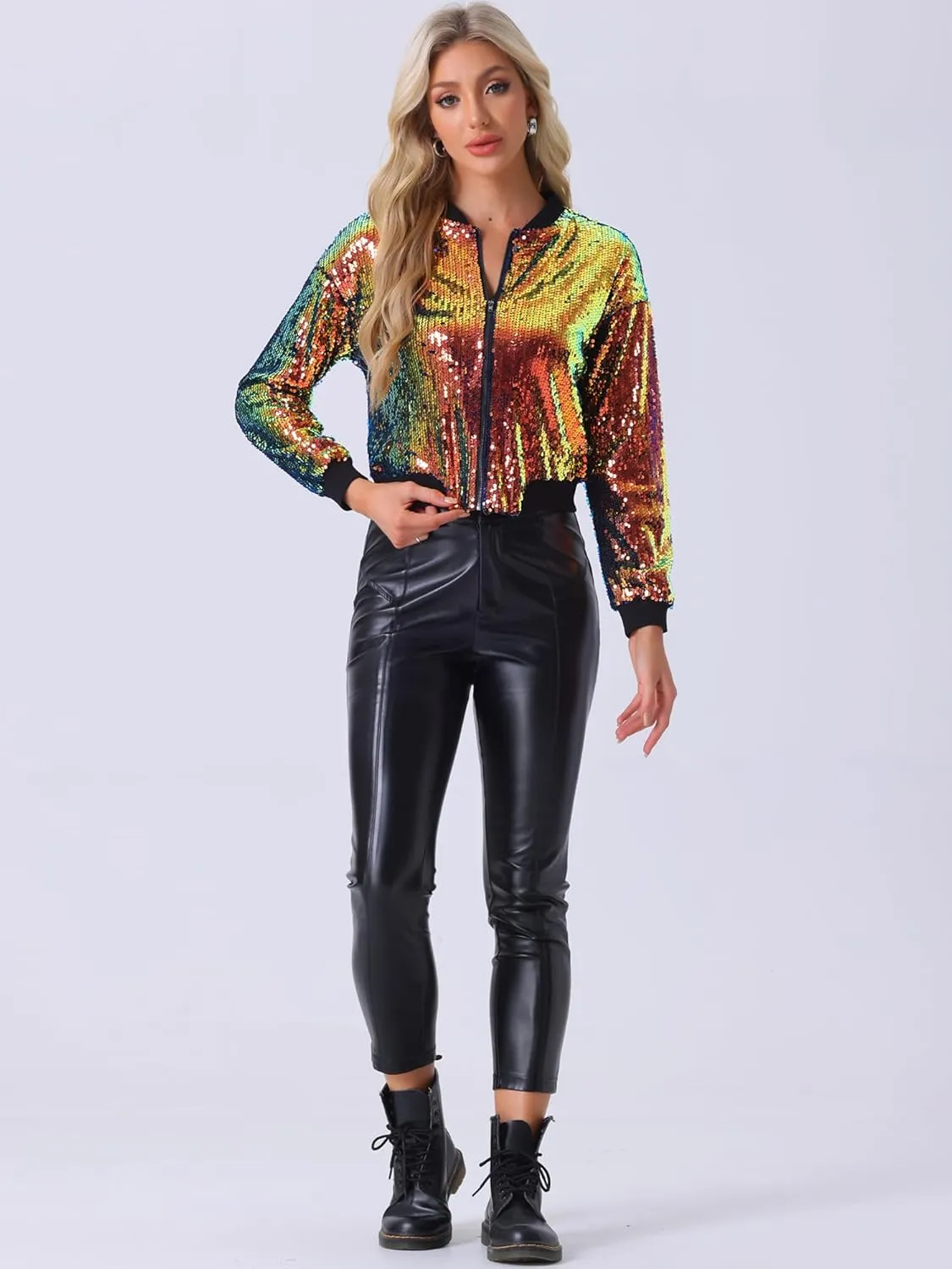 Allegra K Women's Sequin Jacket Long Sleeve Zipper Shiny Glitter Tops Sparkly Shirts Casual Bomber Jackets