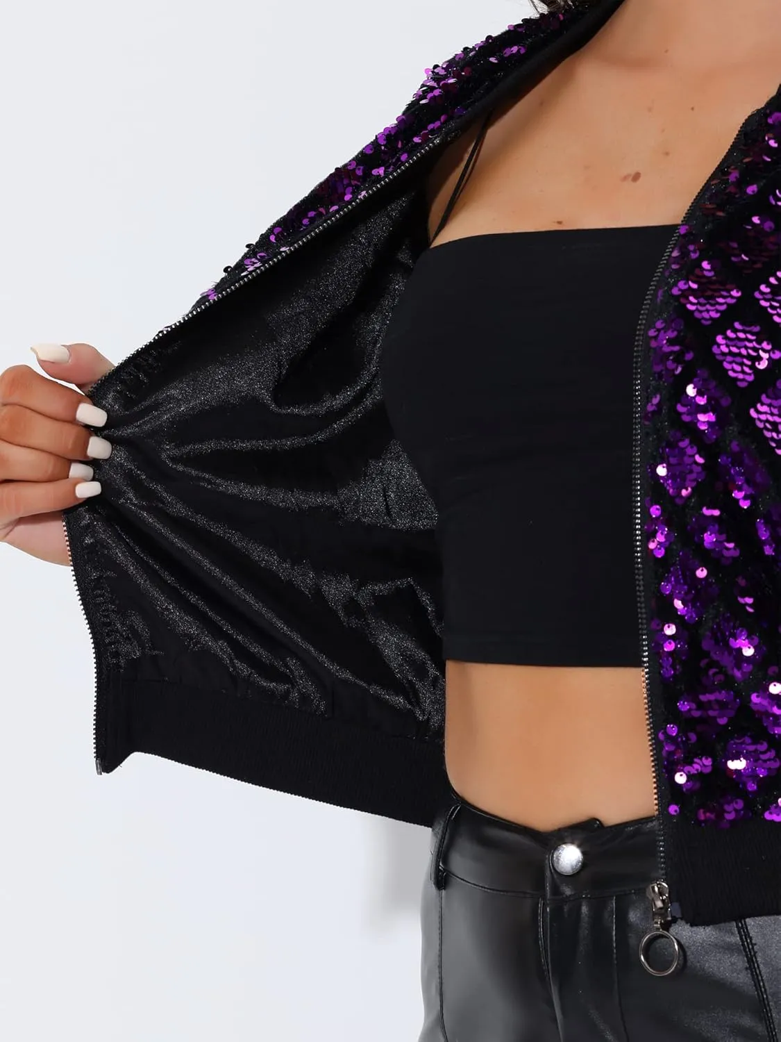 Allegra K Women's Sequin Jacket Long Sleeve Zipper Shiny Glitter Tops Sparkly Shirts Casual Bomber Jackets