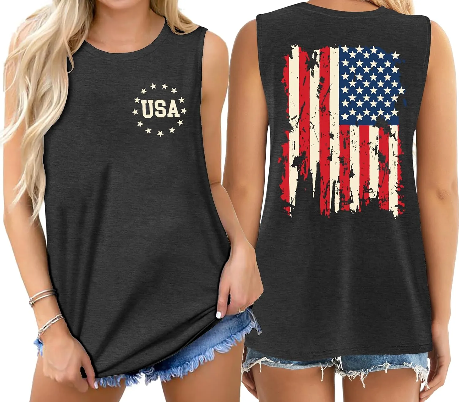 American Flag Tank Tops Women Patriotic Shirt USA Flag Stars Stripes Print Sleeveless T-Shirt 4th of July Tee Tops