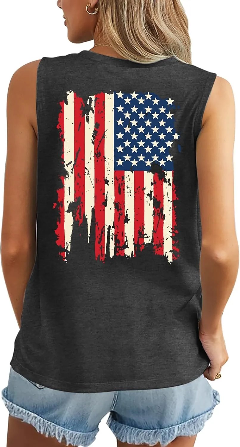 American Flag Tank Tops Women Patriotic Shirt USA Flag Stars Stripes Print Sleeveless T-Shirt 4th of July Tee Tops