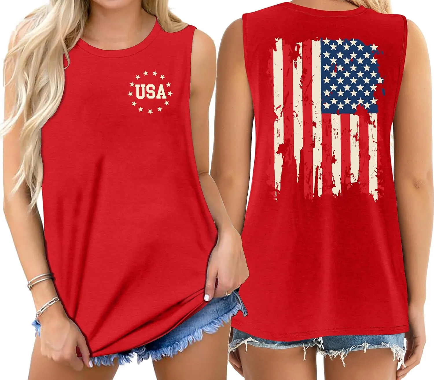 American Flag Tank Tops Women Patriotic Shirt USA Flag Stars Stripes Print Sleeveless T-Shirt 4th of July Tee Tops