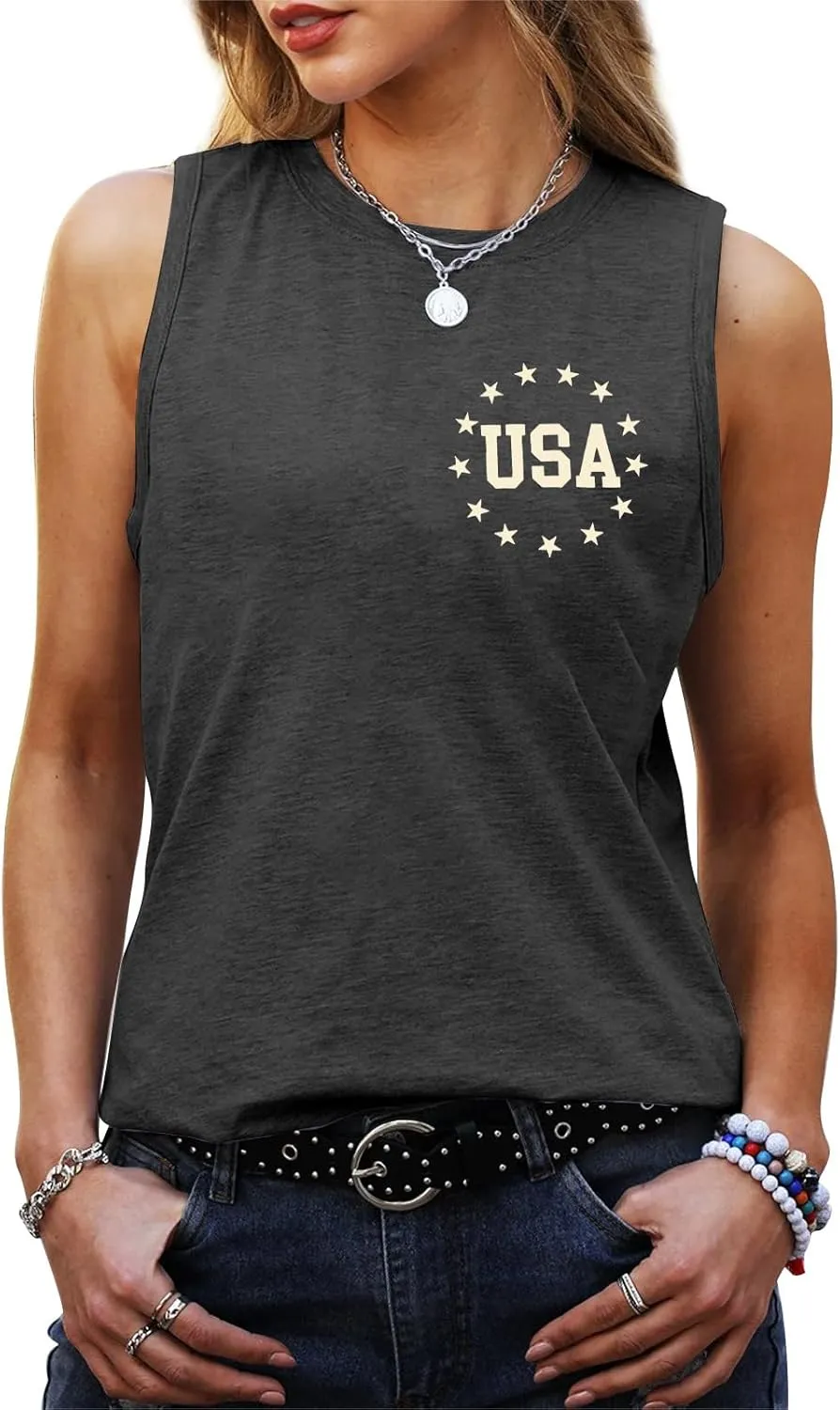 American Flag Tank Tops Women Patriotic Shirt USA Flag Stars Stripes Print Sleeveless T-Shirt 4th of July Tee Tops