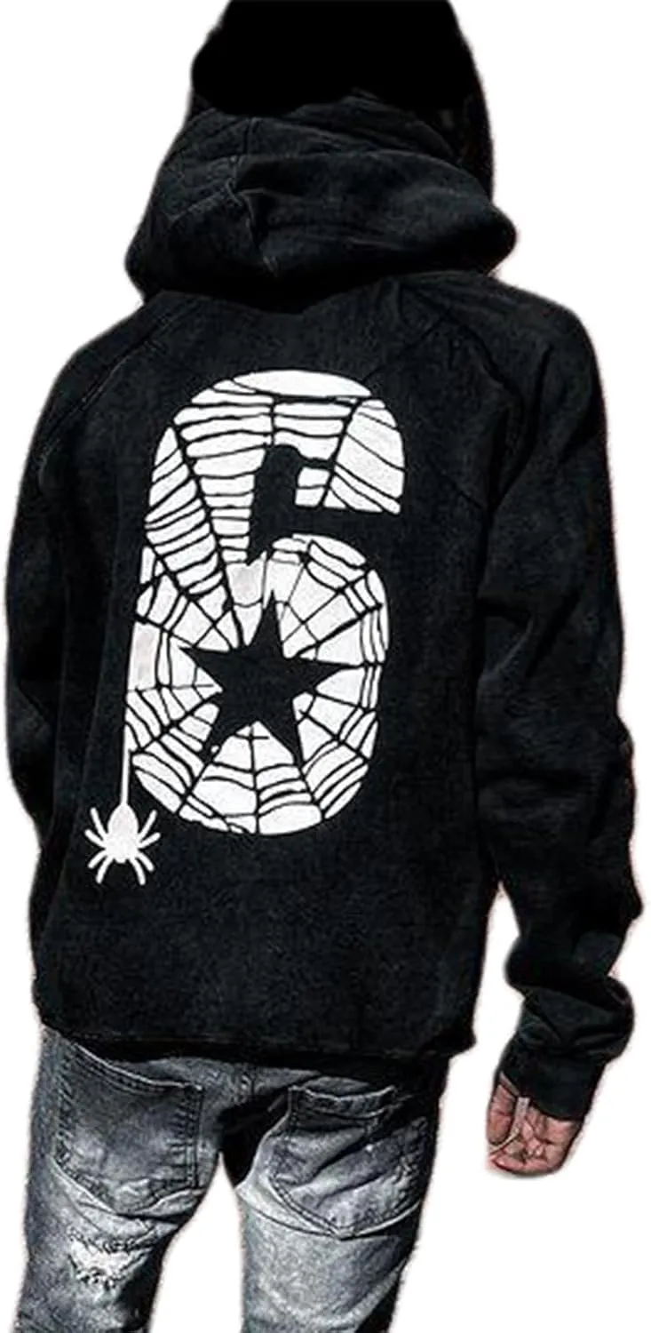 Amiblvowa Y2K Hoodie for Men Women Spider Web Graphic Hoodies Aesthetic Grunge Hooded Sweatshirt Oversized Harajuku Jacket