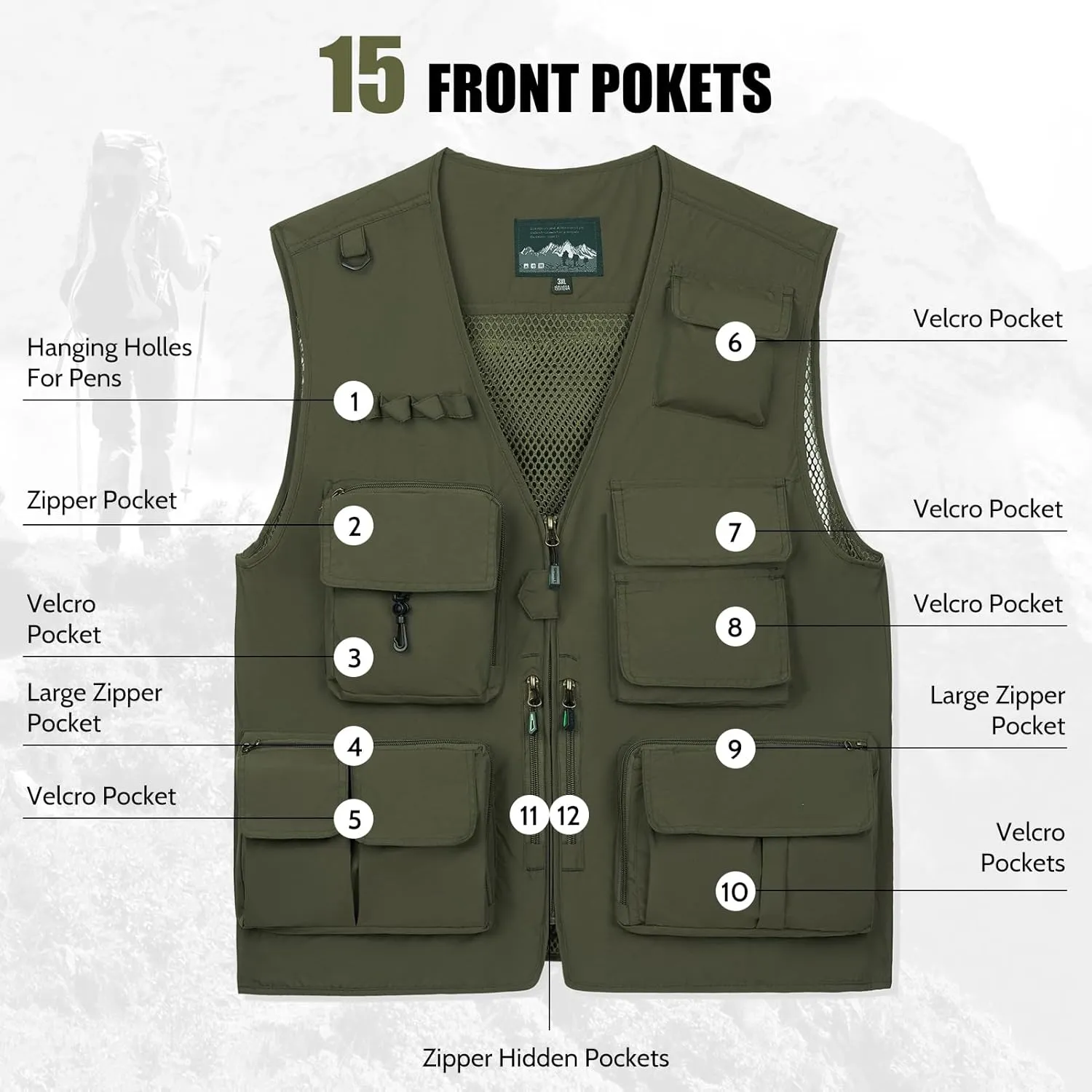 AOTORR Mens Outdoor Work Safari Cargo Photo Travel Fishing Vests for Men with Multi-pockets