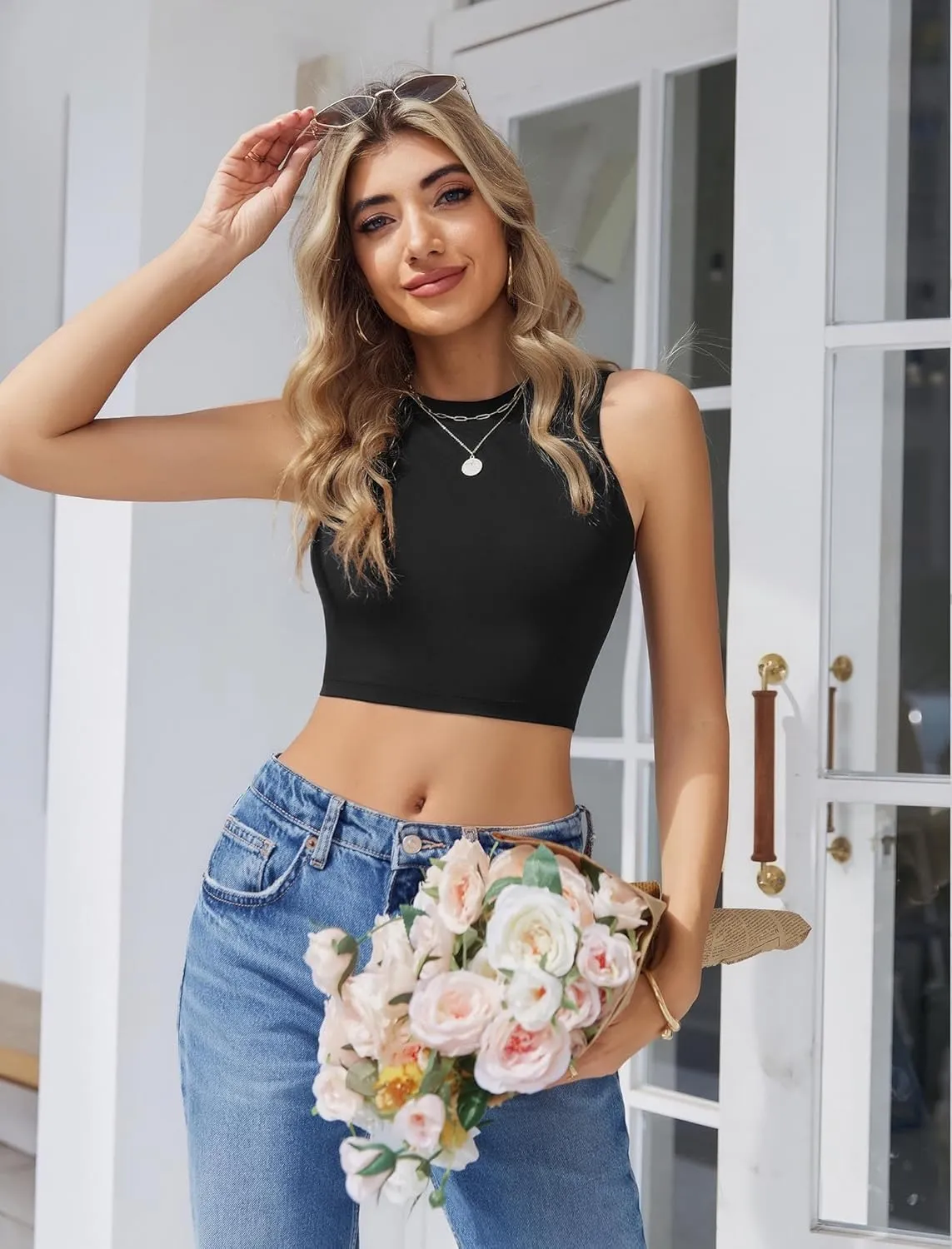 Avidlove Tank Top for Women Sleeveless Double Lined Crop Tops High Neck Racerback Camisole Summer Casual Slim Clothes