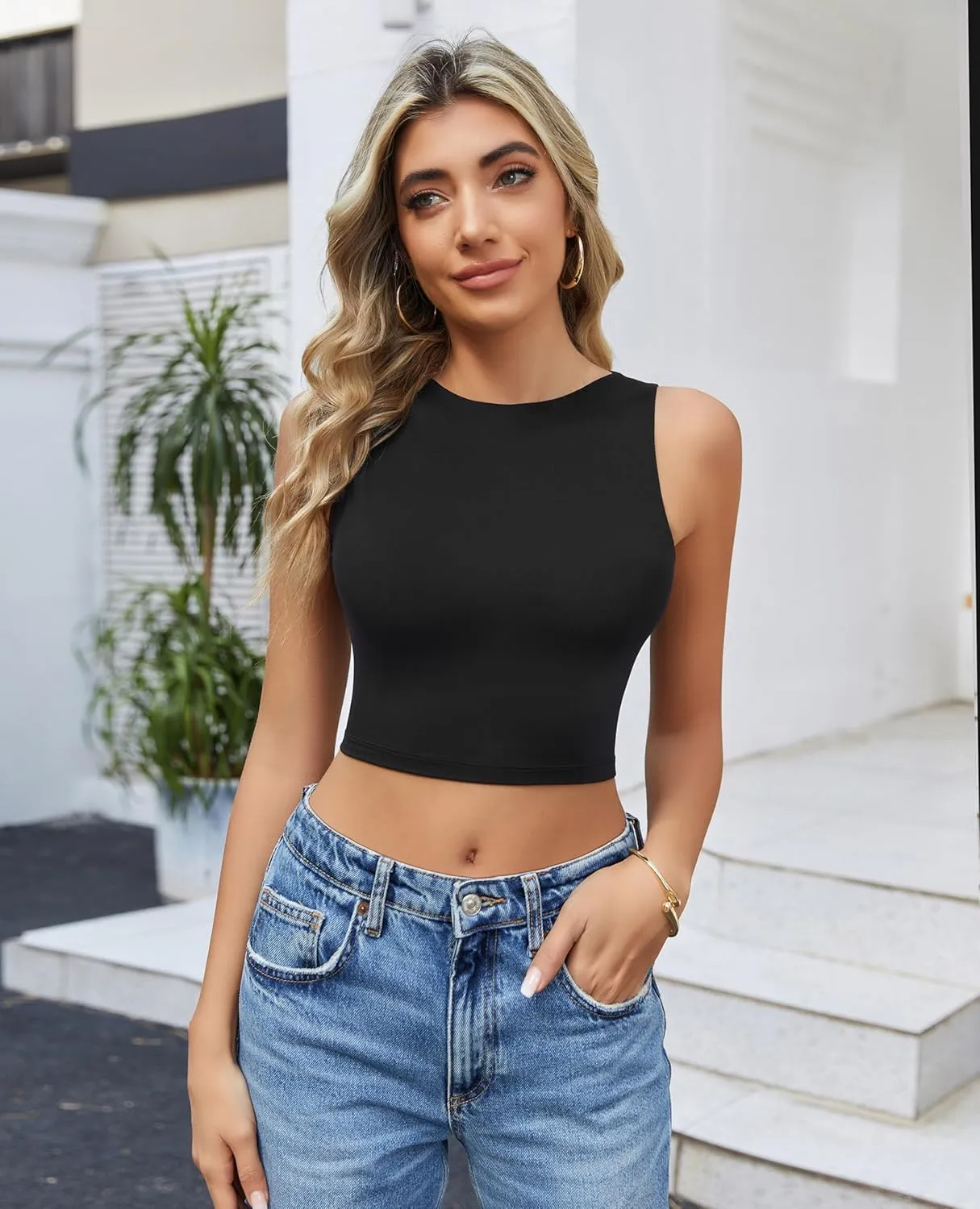 Avidlove Tank Top for Women Sleeveless Double Lined Crop Tops High Neck Racerback Camisole Summer Casual Slim Clothes