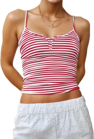 BAIGRAM Women Aesthetic Y2K Striped Camisole Tops Henley Spaghetti Strap Tank Top Scoop Neck Going Out Crop Cami