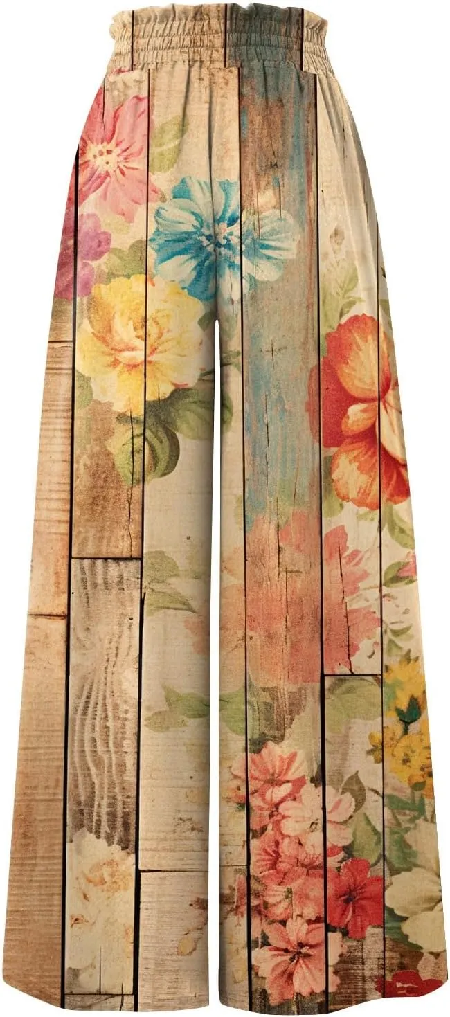 Basysin Flowy Pants for Women Summer Wide Leg Palazzo Pants High Waist Pockets Floral Print Casual Lounge Boho Beach Trousers