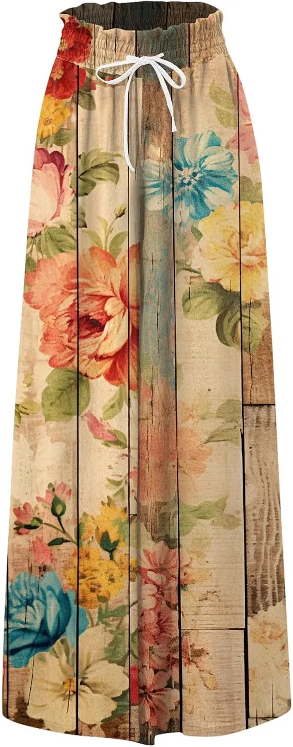 Basysin Flowy Pants for Women Summer Wide Leg Palazzo Pants High Waist Pockets Floral Print Casual Lounge Boho Beach Trousers