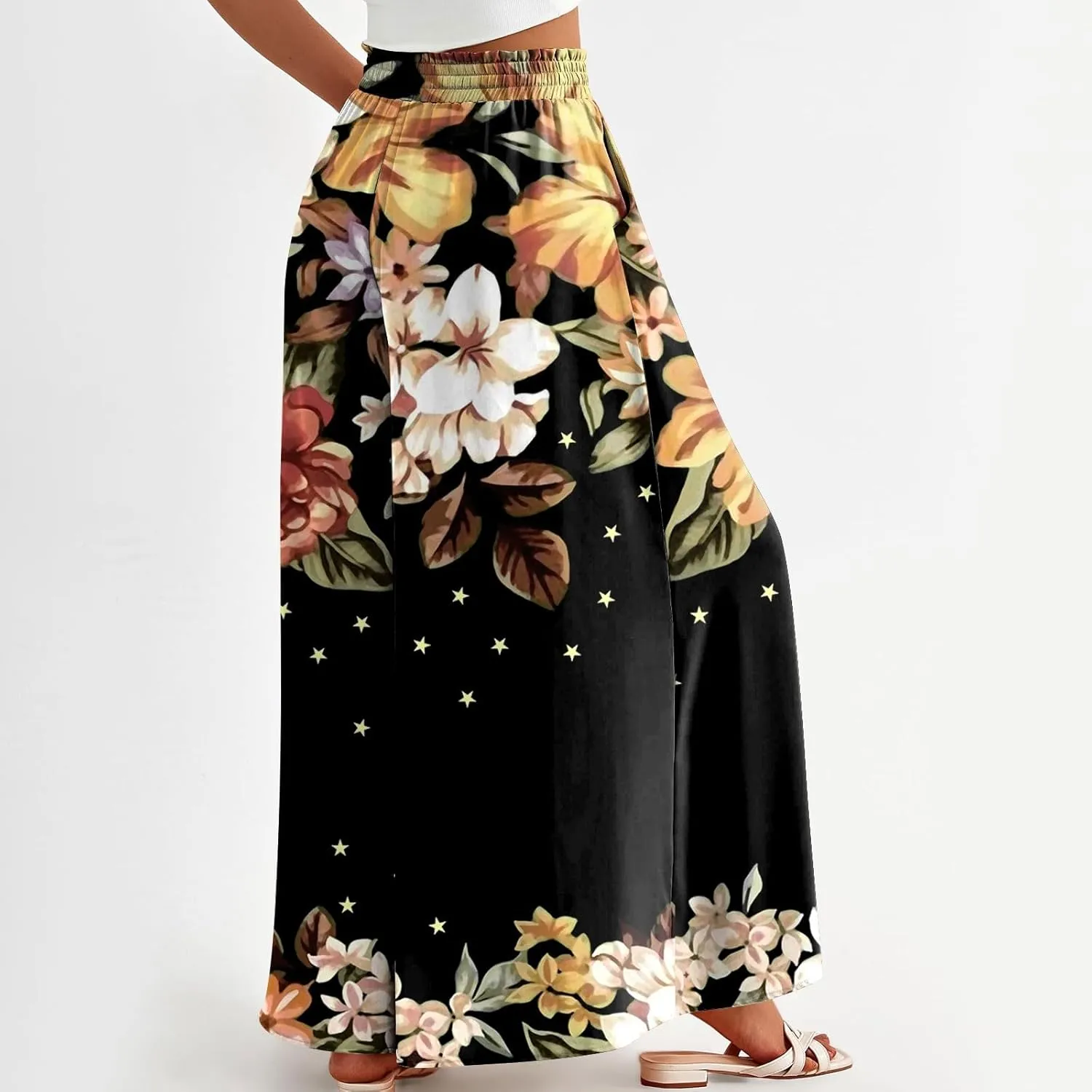 Basysin Flowy Pants for Women Summer Wide Leg Palazzo Pants High Waist Pockets Floral Print Casual Lounge Boho Beach Trousers