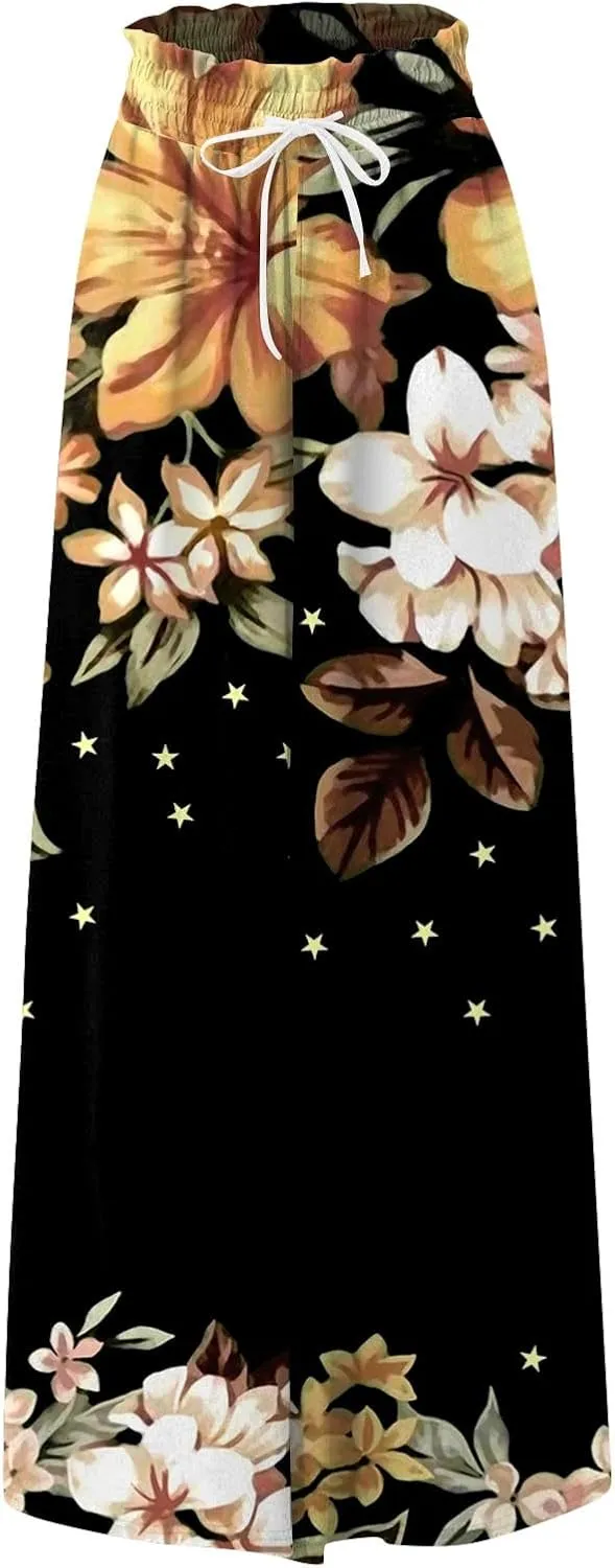 Basysin Flowy Pants for Women Summer Wide Leg Palazzo Pants High Waist Pockets Floral Print Casual Lounge Boho Beach Trousers
