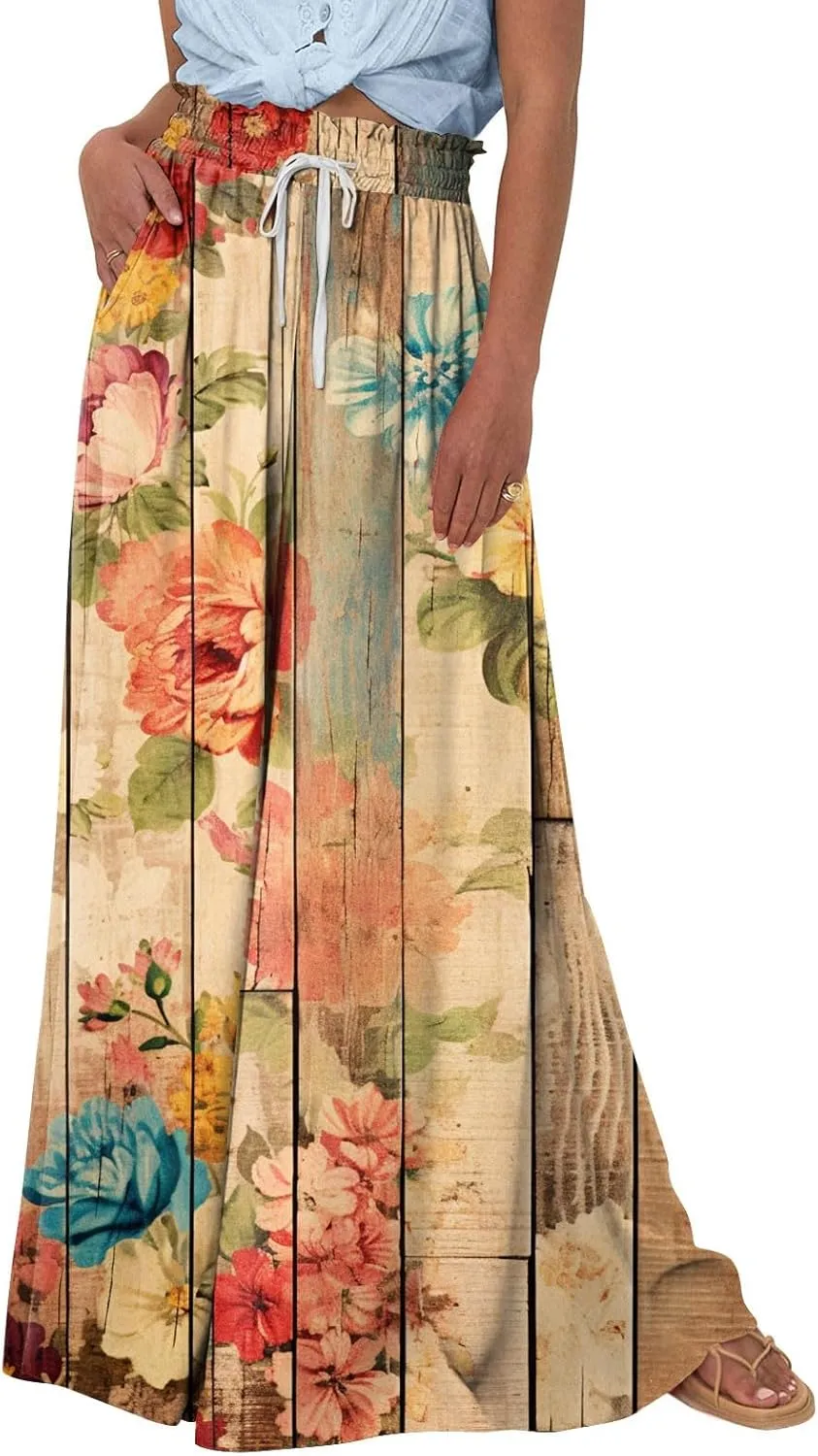 Basysin Flowy Pants for Women Summer Wide Leg Palazzo Pants High Waist Pockets Floral Print Casual Lounge Boho Beach Trousers