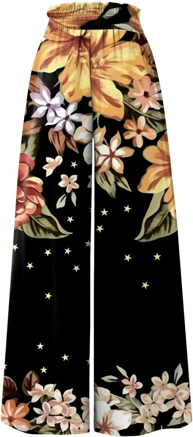 Basysin Flowy Pants for Women Summer Wide Leg Palazzo Pants High Waist Pockets Floral Print Casual Lounge Boho Beach Trousers