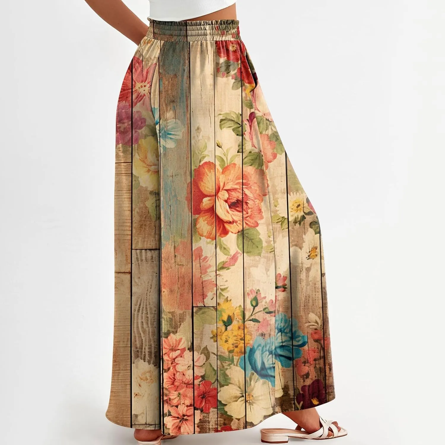 Basysin Flowy Pants for Women Summer Wide Leg Palazzo Pants High Waist Pockets Floral Print Casual Lounge Boho Beach Trousers