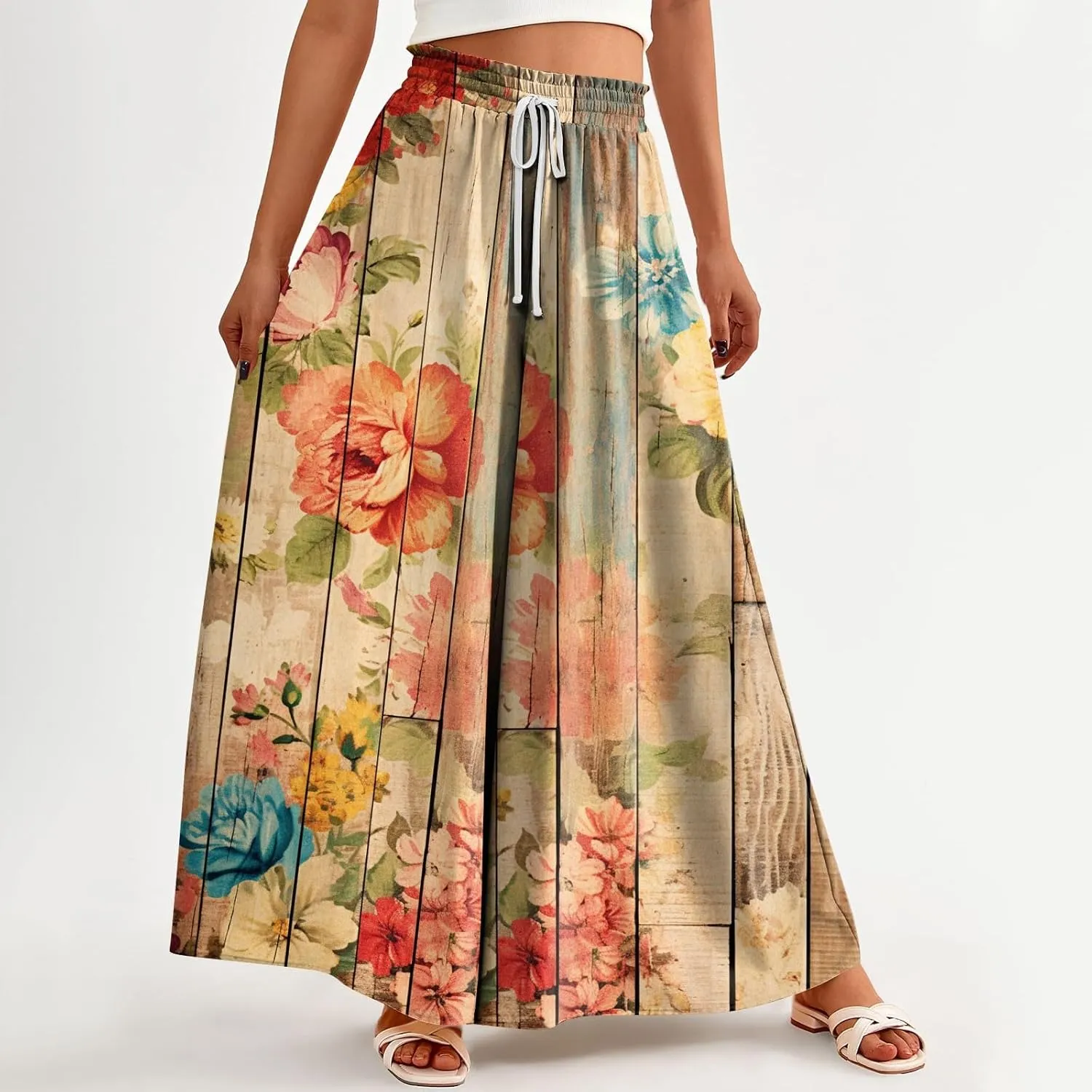 Basysin Flowy Pants for Women Summer Wide Leg Palazzo Pants High Waist Pockets Floral Print Casual Lounge Boho Beach Trousers