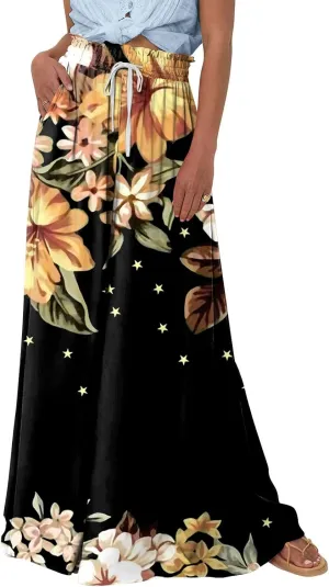 Basysin Flowy Pants for Women Summer Wide Leg Palazzo Pants High Waist Pockets Floral Print Casual Lounge Boho Beach Trousers