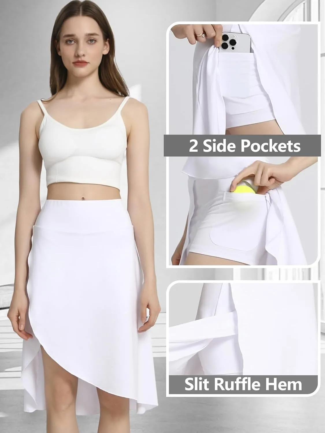 Bezioner Women's Skirt with Shorts High Waist Athletic Skort with Pockets Midi Length Flowy Skirt with Slit Ruffle Hem
