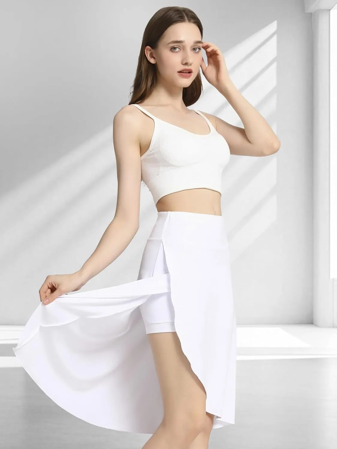 Bezioner Women's Skirt with Shorts High Waist Athletic Skort with Pockets Midi Length Flowy Skirt with Slit Ruffle Hem