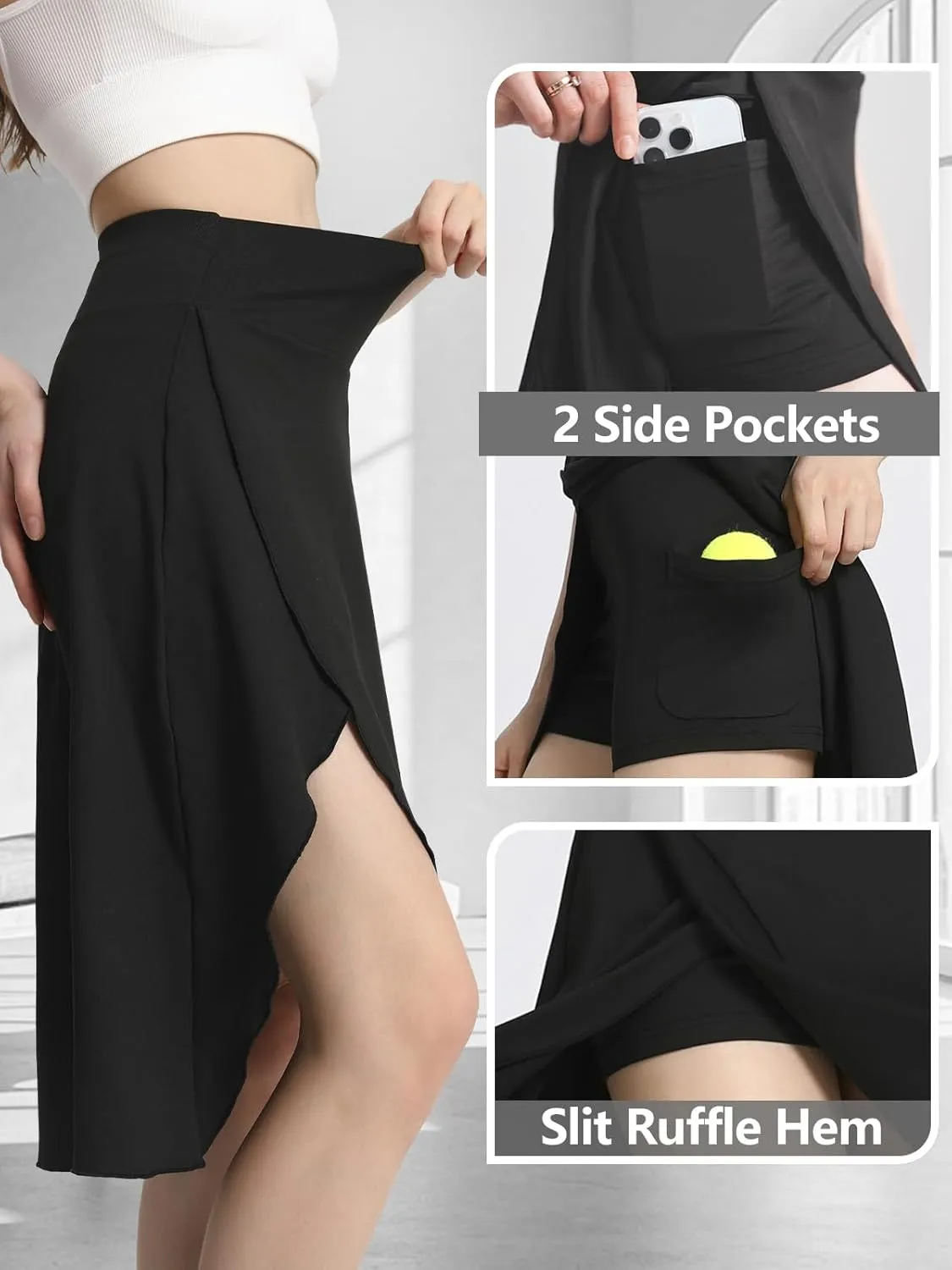Bezioner Women's Skirt with Shorts High Waist Athletic Skort with Pockets Midi Length Flowy Skirt with Slit Ruffle Hem
