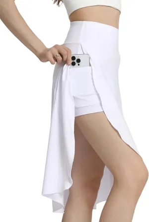 Bezioner Women's Skirt with Shorts High Waist Athletic Skort with Pockets Midi Length Flowy Skirt with Slit Ruffle Hem