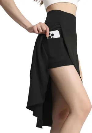Bezioner Women's Skirt with Shorts High Waist Athletic Skort with Pockets Midi Length Flowy Skirt with Slit Ruffle Hem