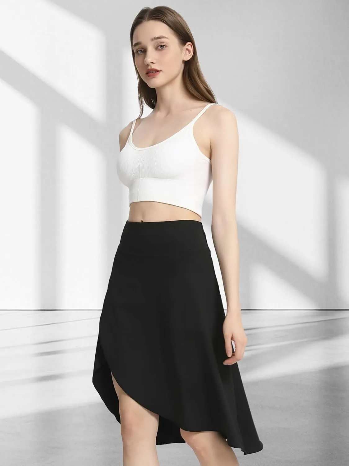 Bezioner Women's Skirt with Shorts High Waist Athletic Skort with Pockets Midi Length Flowy Skirt with Slit Ruffle Hem