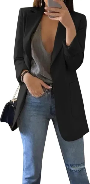 BOFETA Women's Solid Color Blazer Cardigan Casual Long Sleeve Plus Size Blazer with Pockets